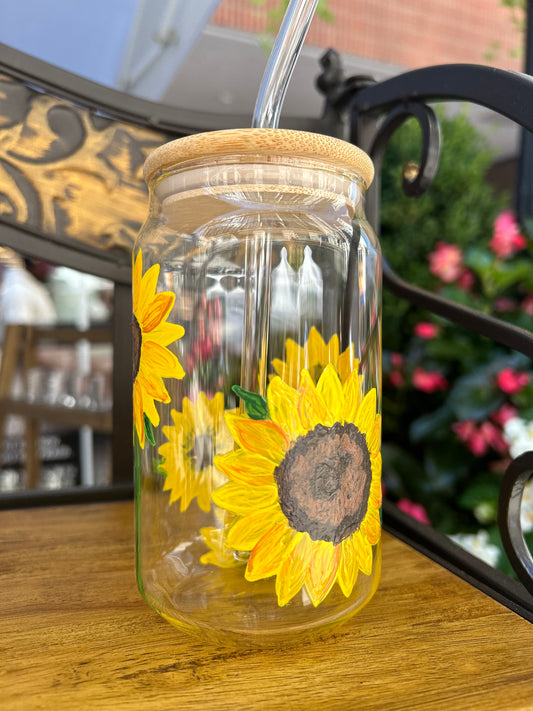Hand-painted sunflower iced coffee glass. 