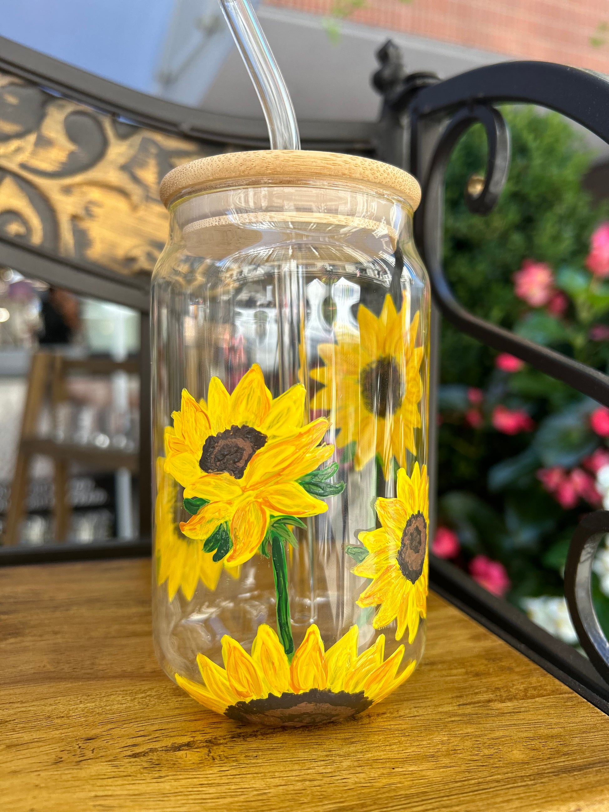 Painted Sunflowers Iced Coffee glass with bamboo lid and glass straw