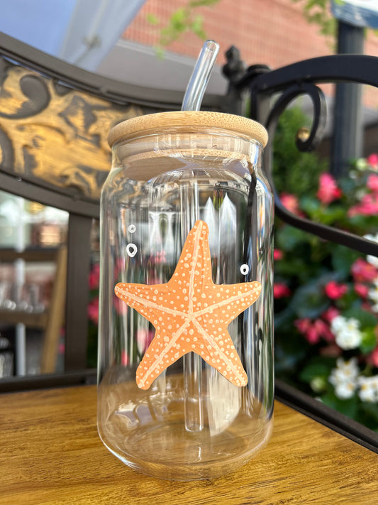 Hand-painted iced coffee glass with an orange painted starfish