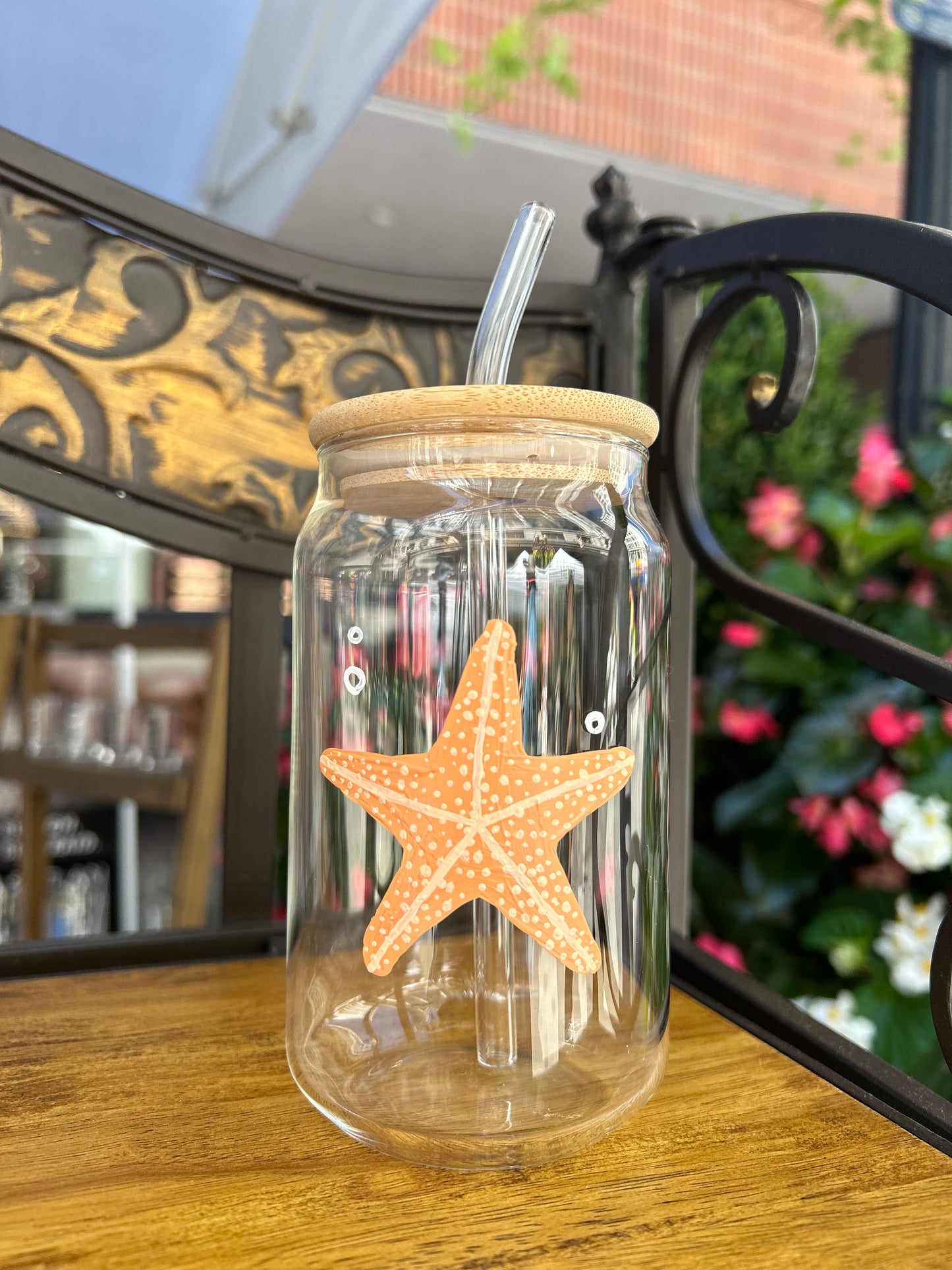 Starfish Iced Coffee Glass with Bamboo Lid & Glass Straw