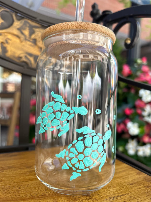 Hand-painted Ice Coffee glass with mint green sea turtles