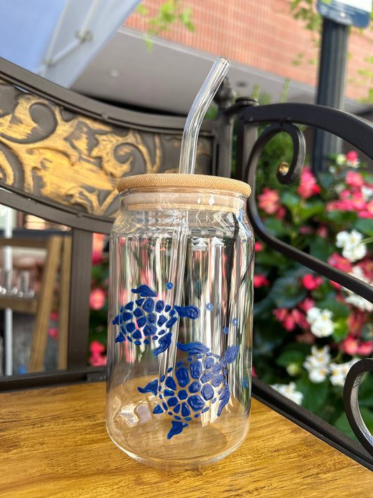 Hand-painted iced coffee glass with dark blue sea turtles painted on