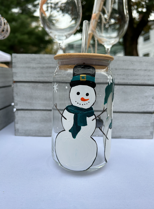 Hand-painted winter themed iced coffee glass with snowmen and snowflakes