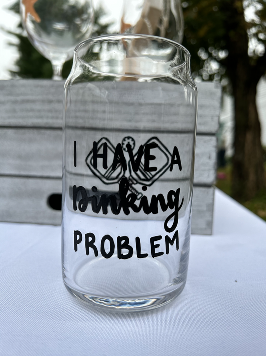 Pickleball Themed Beer Glass with Pickleball Paddles and Balls painted on and "I have a dinking problem" written in calligraphy