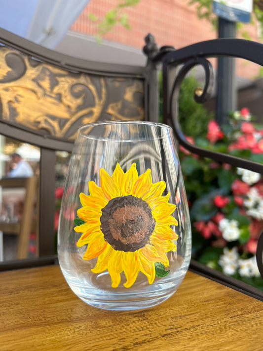 Hand-painted sunflower stemless wine glass. 