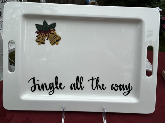 Holiday Serving platter, hand-painted jingle bells with "jingle all the way" written in calligraphy
