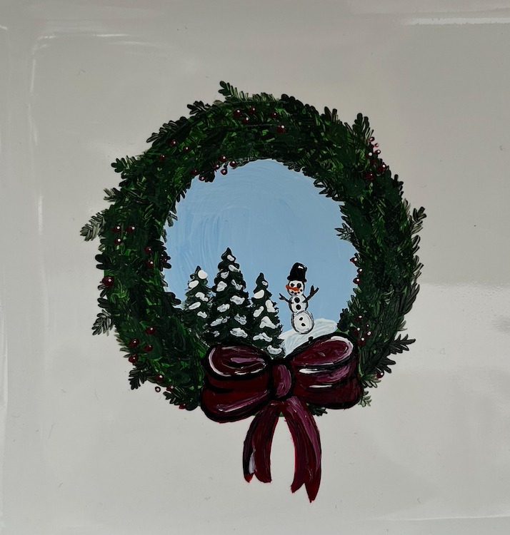 Green Christmas wreath with berries and maroon red bow with winter tree landscape and a snowman, Handpainted, serving platter 
