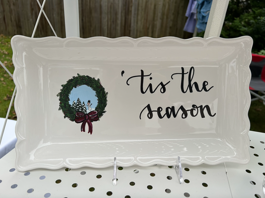 tis the season, holiday serving platter, serving platter for holiday party, christmas wreath painting