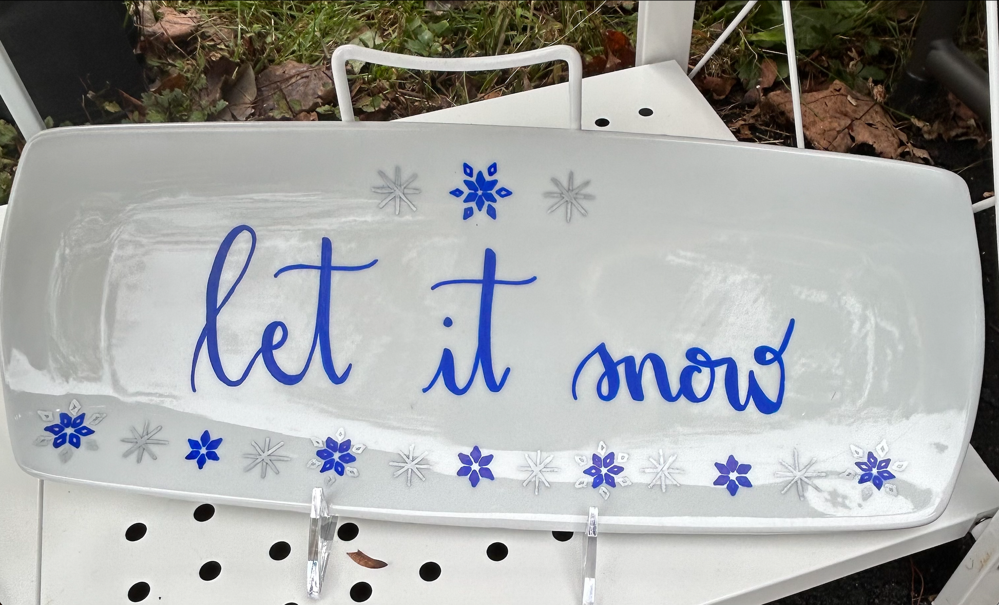 Hand-painted winter themed serving platter with snowflakes and "let it snow" written in calligraphy