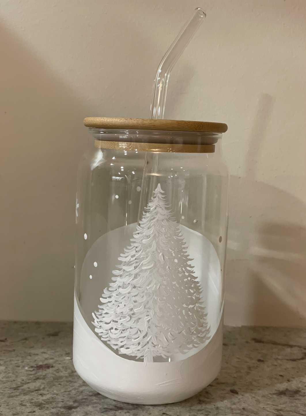 Winter Tree Iced Coffee Glass with Lid & Straw