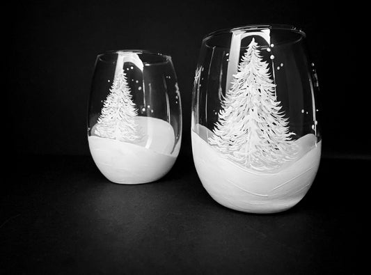 Hand-painted Stemless Wine Glasses with winter tree painted and snowflakes with snow. 
